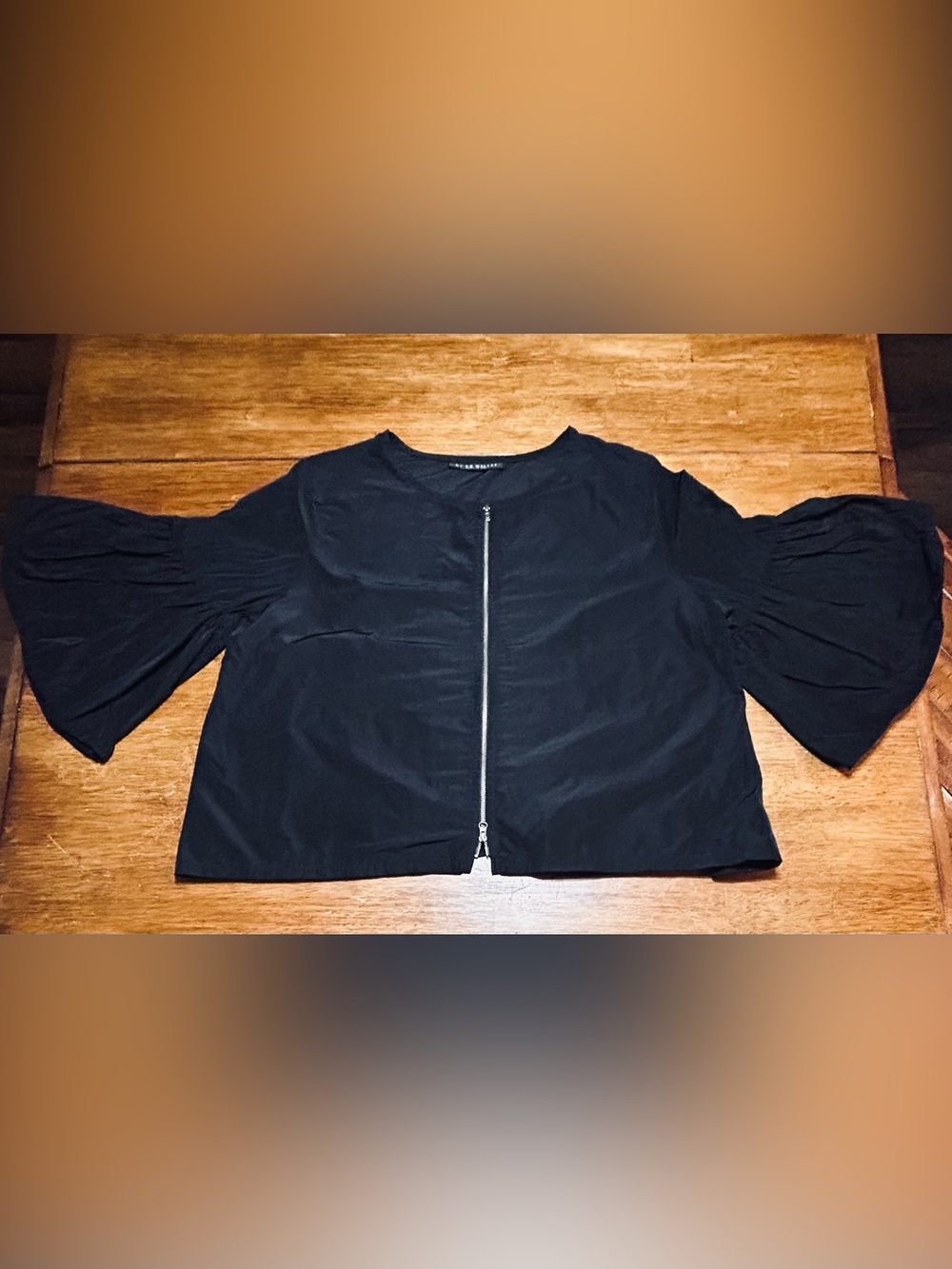 bryn Walker Black Frida Memory Crunch Round Neck 3/4 Sleeve Ruffle Jacket
